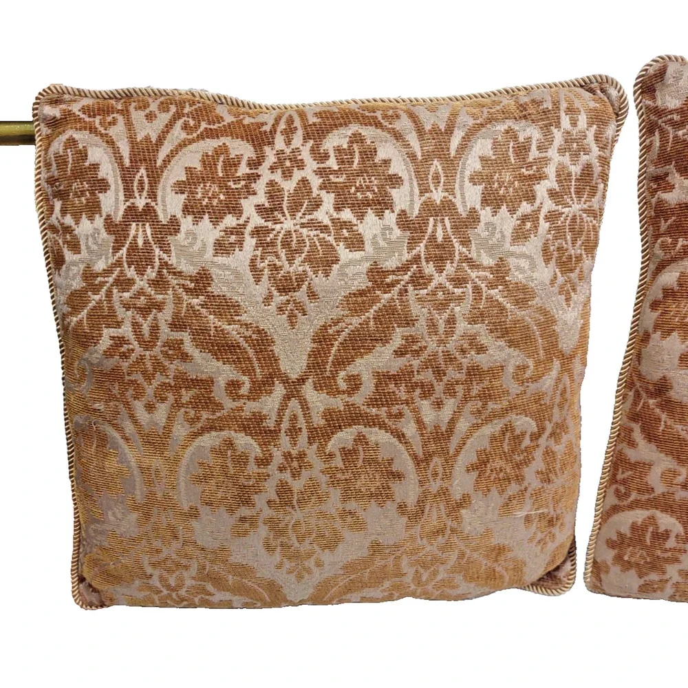 Set of 2 VTG Damask Throw Pillows Brown Gold Corded Trim 15x15 Jacquard Damask